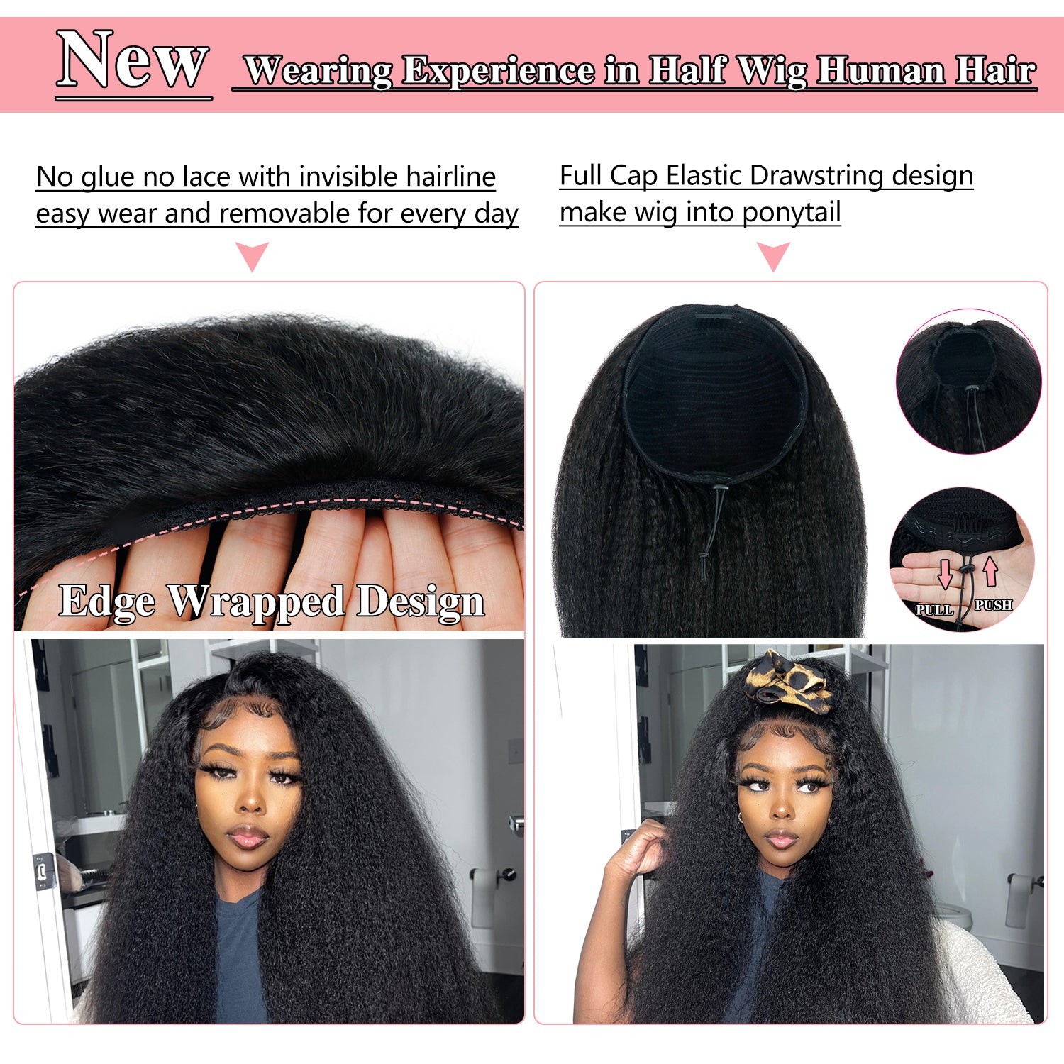 3-In-1 Half Wig Kinky Straight Glueless Flexi-Fit Drawstring Wig Beginner Friendly