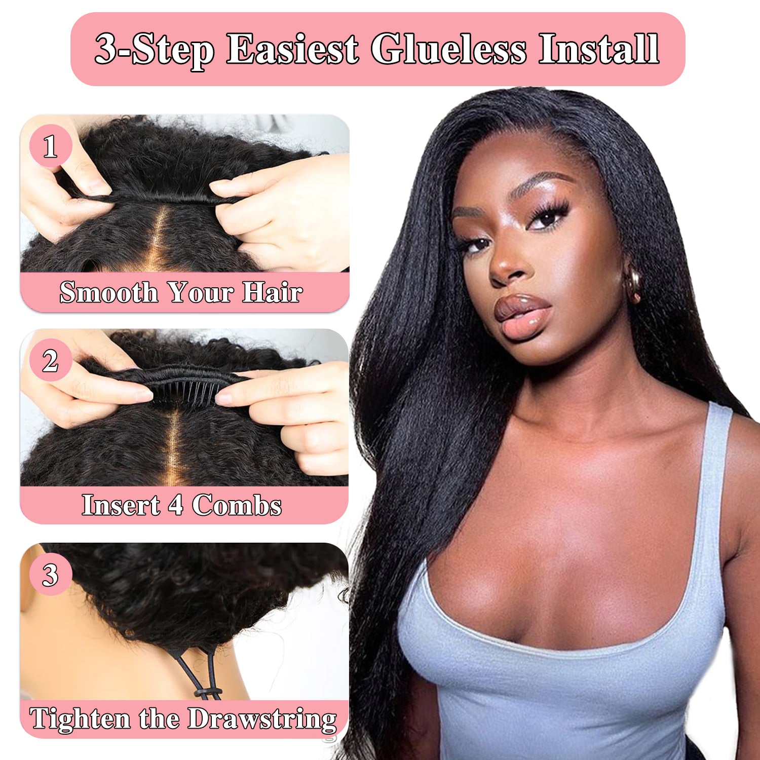 3-In-1 Half Wig Kinky Straight Glueless Flexi-Fit Drawstring Wig Beginner Friendly