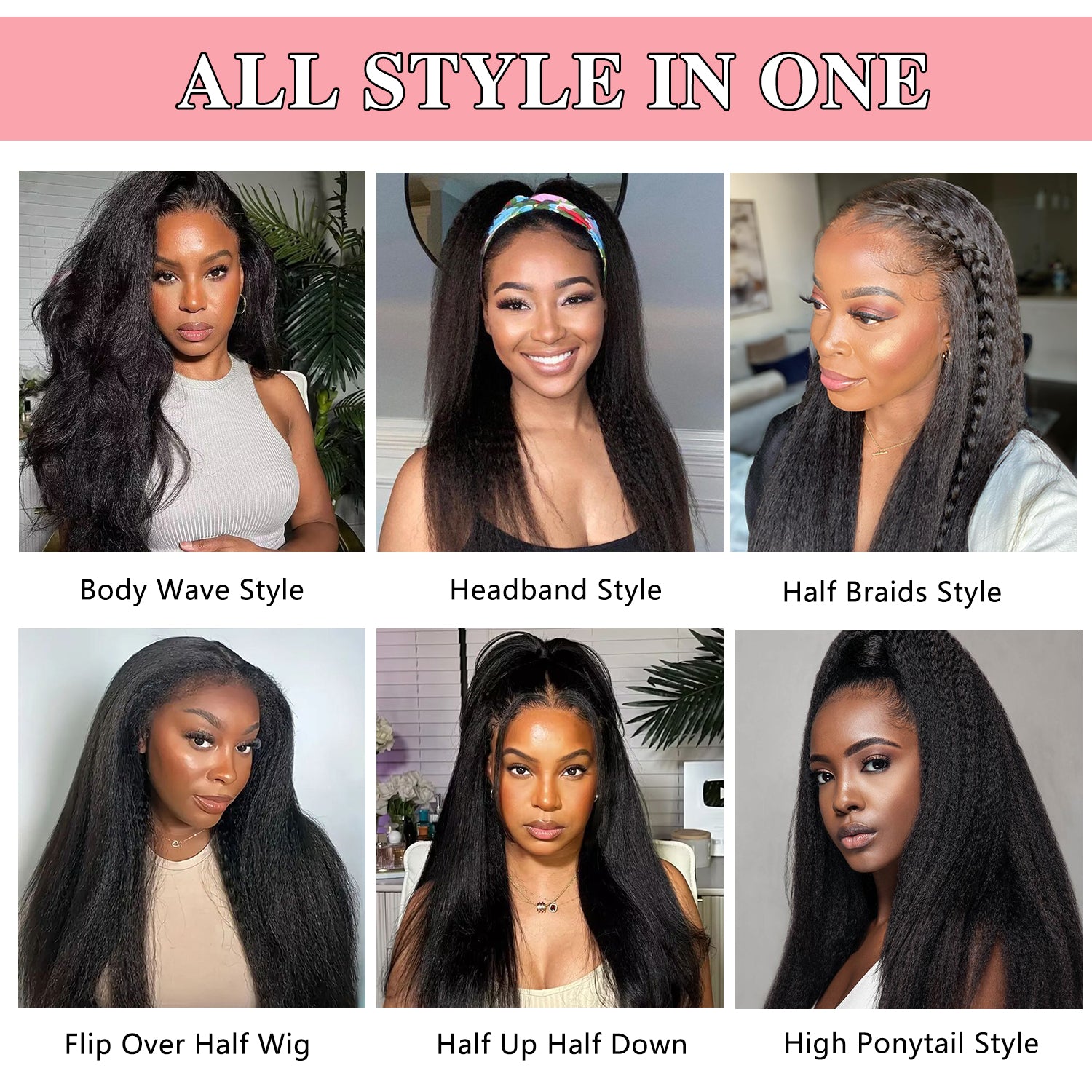 3-In-1 Half Wig Kinky Straight Glueless Flexi-Fit Drawstring Wig Beginner Friendly