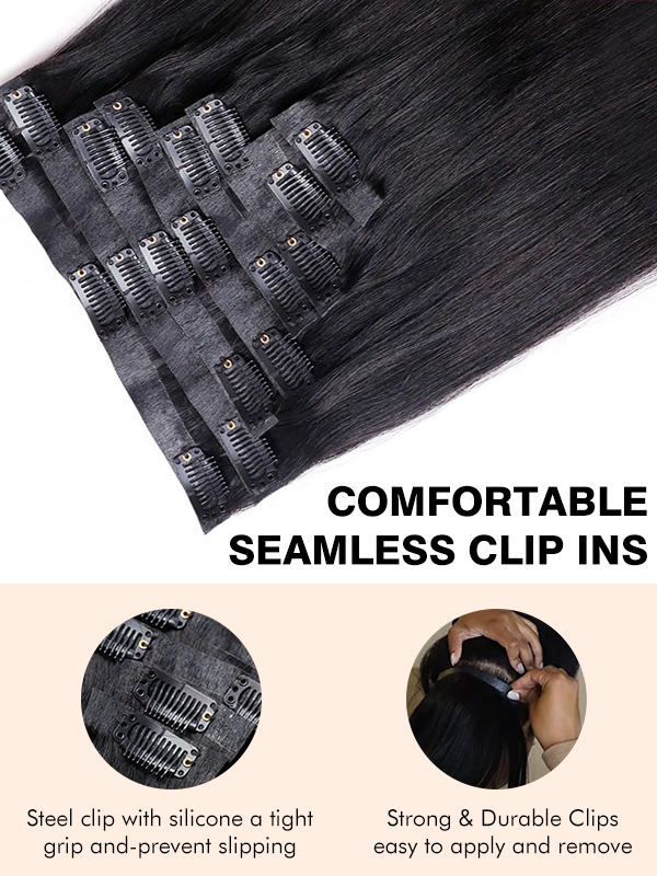Raw Hair Clip In | Yaki Body lnvisible Edge Clip in Hair Extensions For Black Women 8pcs With 18 Clips