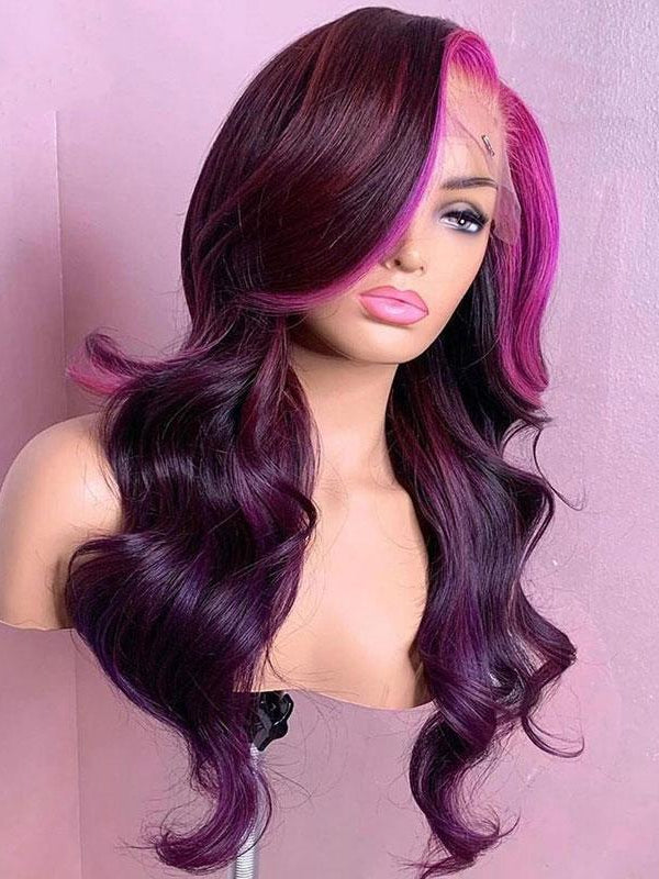 Side Part Highlight Money Piece Pink Purple Human Hair Body Wave Wig - sterlyhair