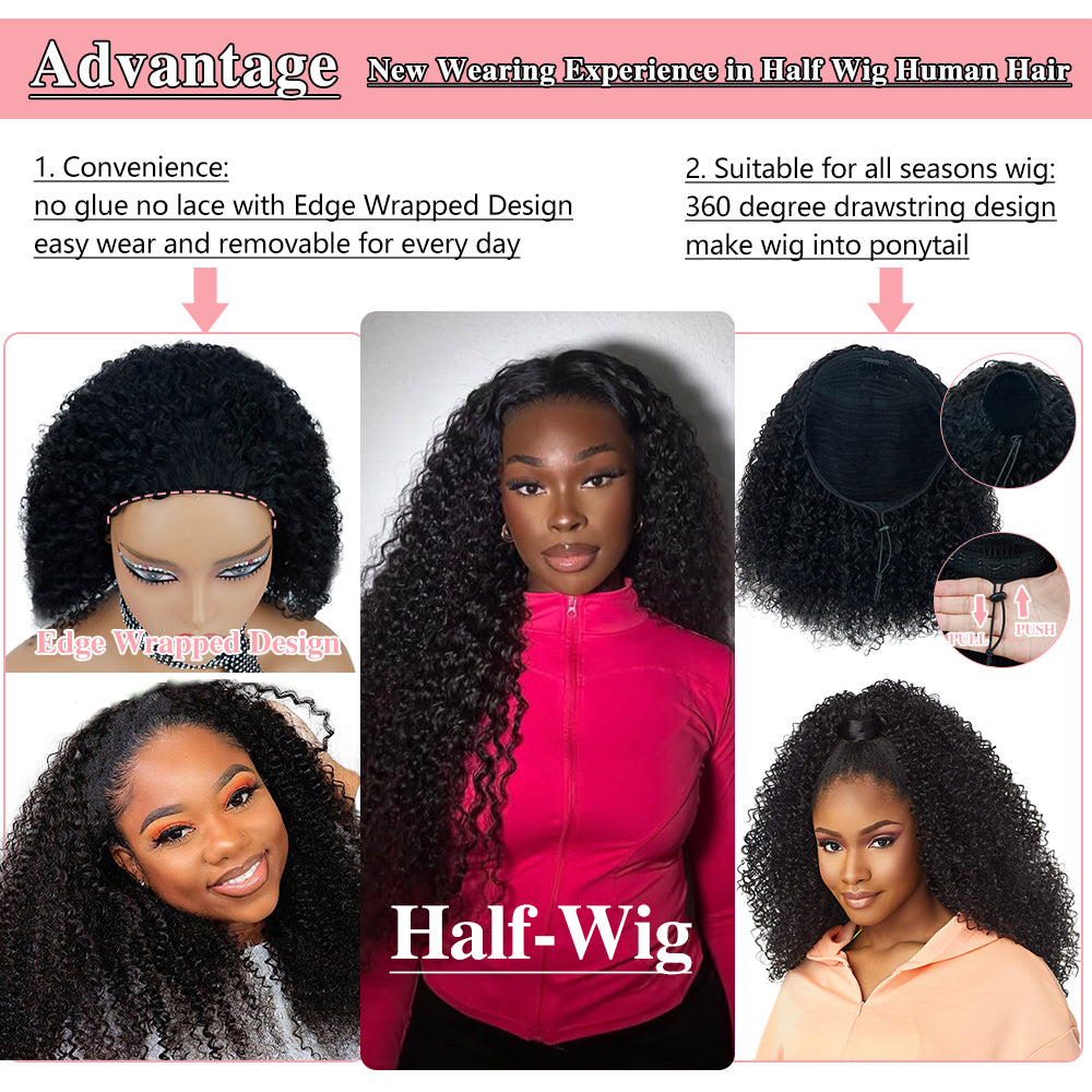 3-In-1 Half Wig Kinky Curly Glueless Flexi-Fit Drawstring Wig Beginner Friendly