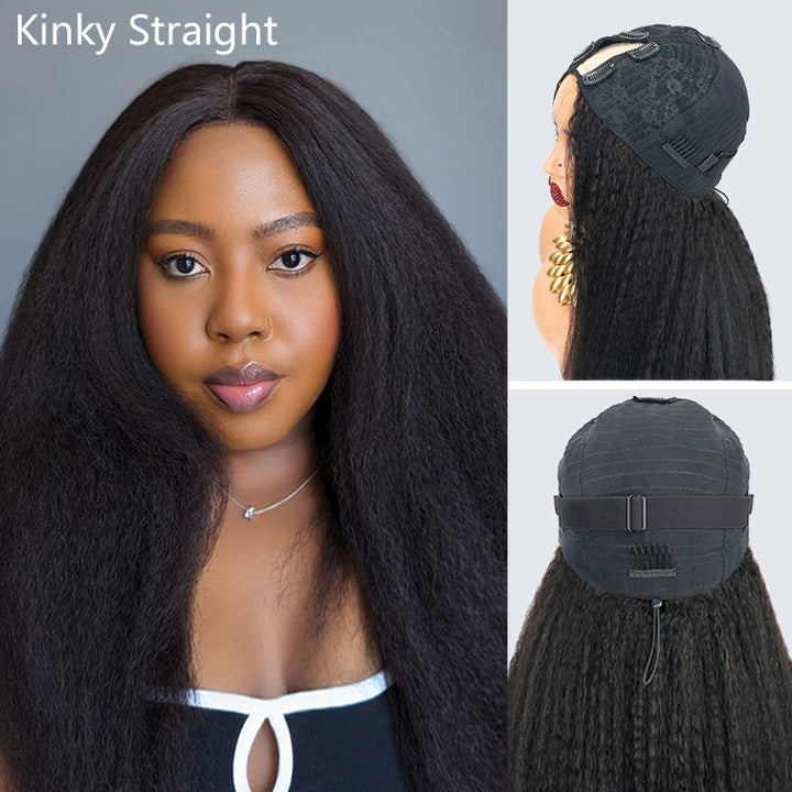 New Drawstring V Part Kinky Straight / Yaki Straight Wig No Leave Out And No Sew In Human Hair Wigs - sterlyhair