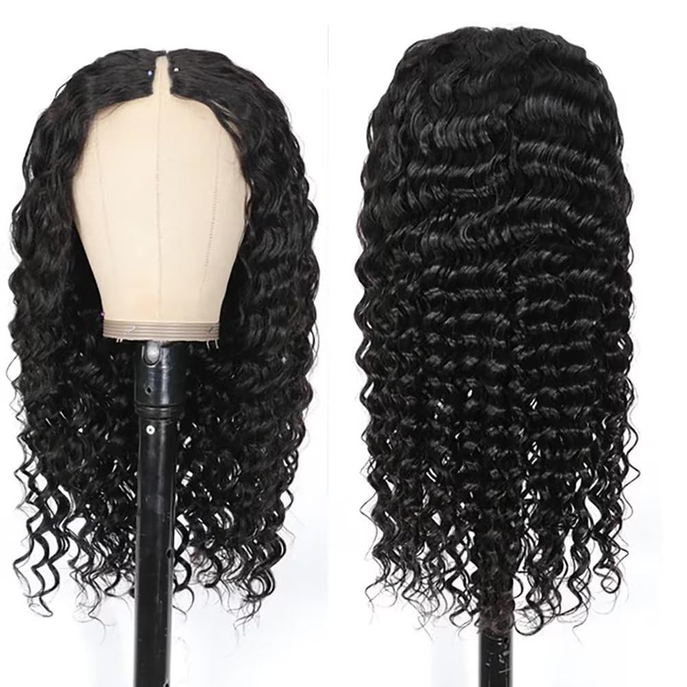 #1 Jet Black Glueless V Part Wig Kinky Straight / Deep Wave / Loose Deep Wave Wigs 250% Density