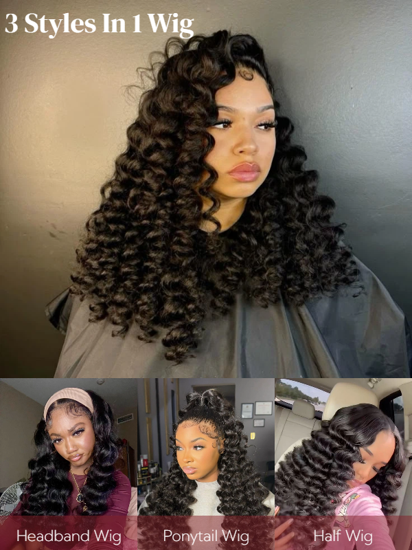3-In-1 Half Wig Yaki Wand Curly Glueless Flexi-Fit Drawstring Wig Beginner Friendly