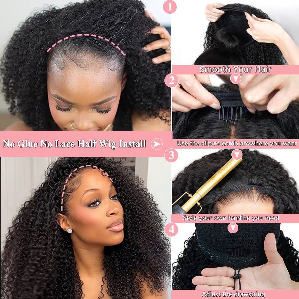 3-In-1 Half Wig Kinky Curly Glueless Flexi-Fit Drawstring Wig Beginner Friendly