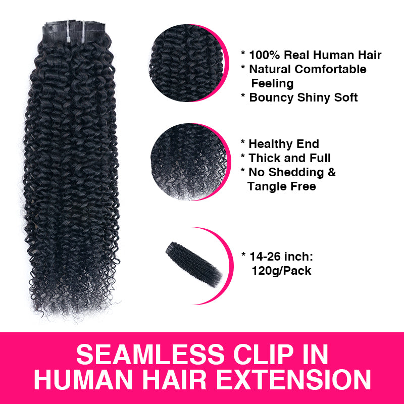 Seamless Clip in Hair Extensions Human Hair Curly PU Clip ins Human Hair for Women