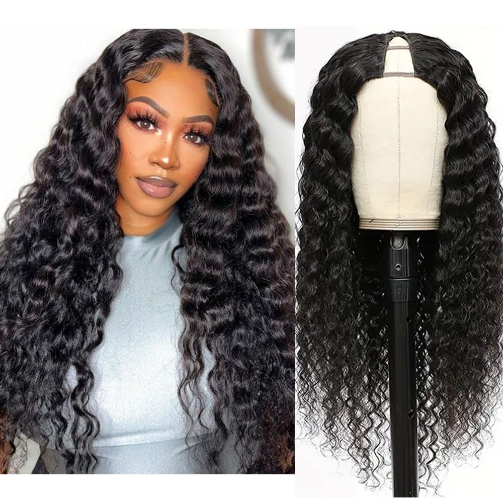 #1 Jet Black Glueless V Part Wig Kinky Straight / Deep Wave / Loose Deep Wave Wigs 250% Density