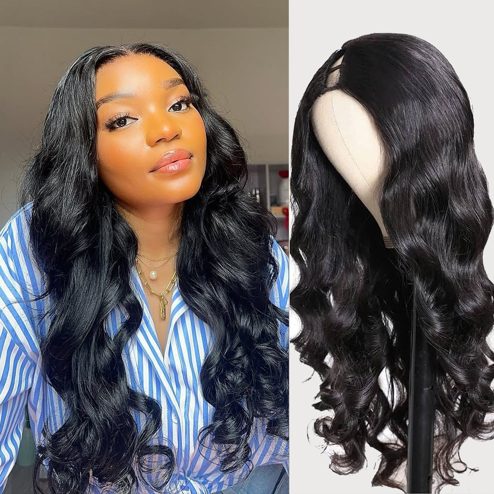 New Drawstring V Part Body Wave Wig No Leave Out And No Sew In Human Hair Wigs