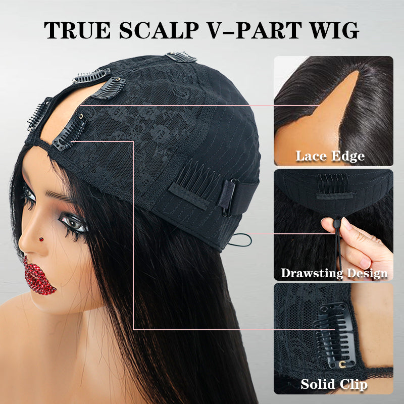 New Drawstring Straight V Part Wig No Leave Out And No Sew In Human Hair Wigs - sterlyhair