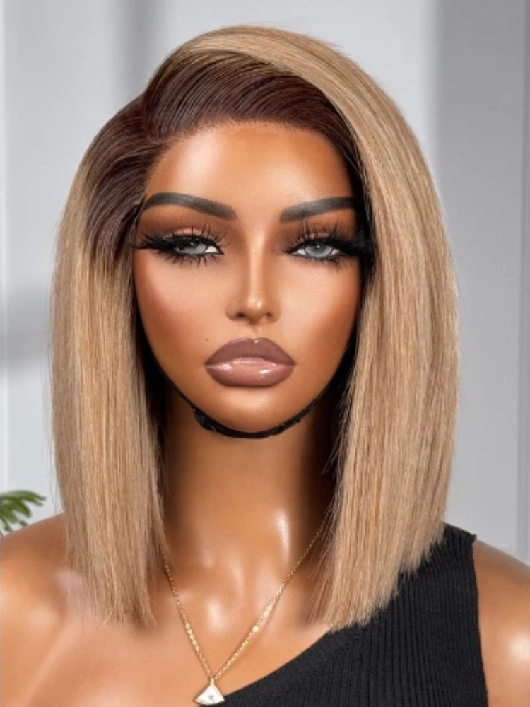 Ash Blonde Ombre Human Hair Wigs Layered Cut Glueless Minimalist Lace Short Wig - sterlyhair