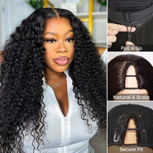 New Drawstring V Part Curly Wig No Leave Out And No Sew In Human Hair Wigs - sterlyhair