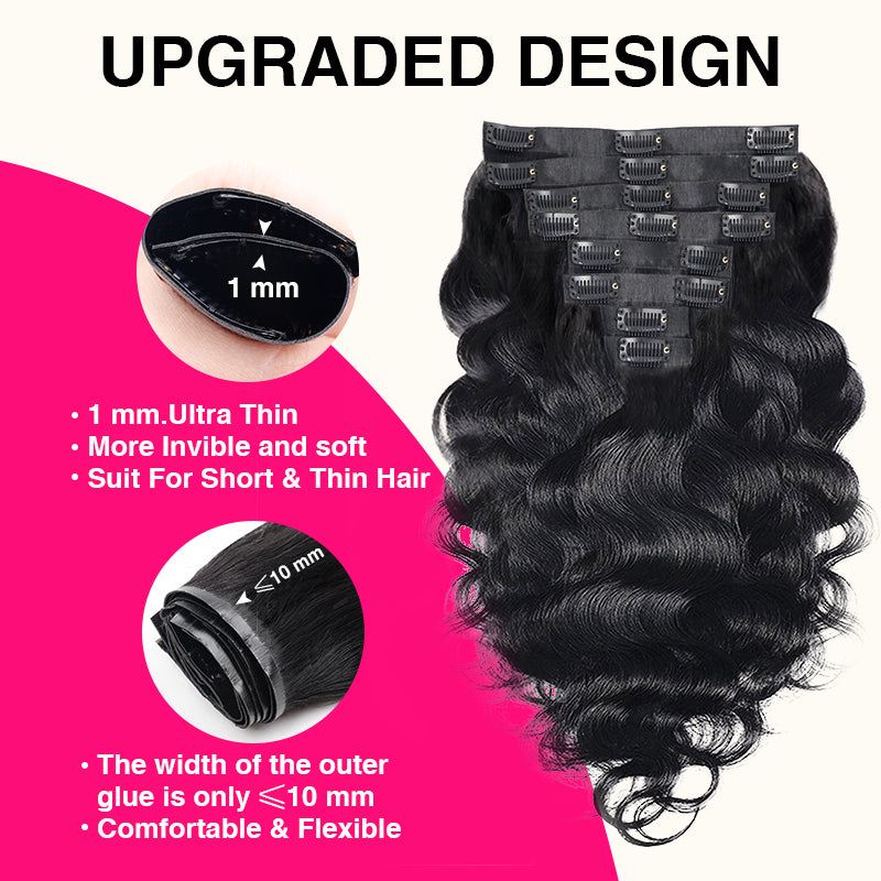 Seamless Clip in Hair Extensions Human Hair Body Wave PU Clip ins with Invise Edge for Women