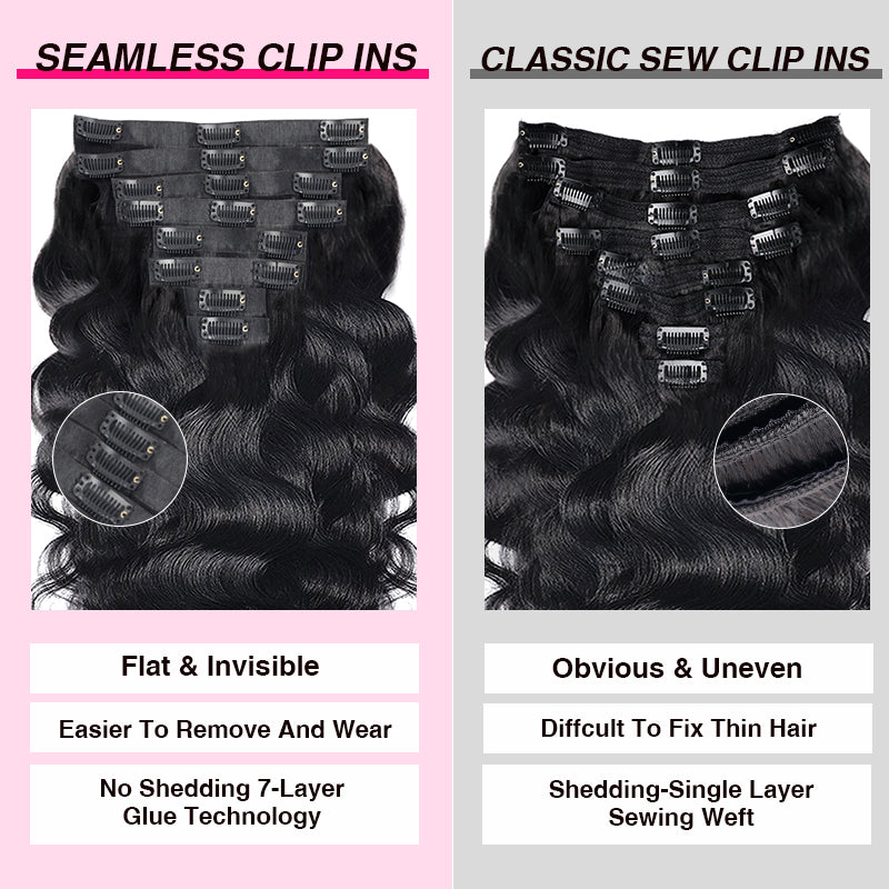 Seamless Clip in Hair Extensions Human Hair Body Wave PU Clip ins with Invise Edge for Women