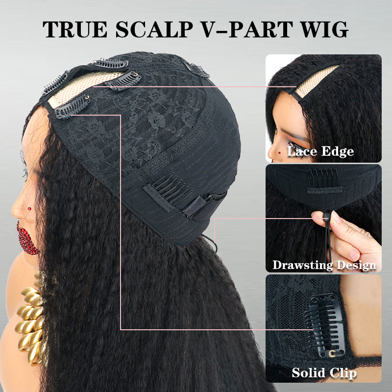 Protective V Part Glueless Yaki Straight / Kinky Straight Hair Wig 100% Human Hair (Last Pieces Left)
