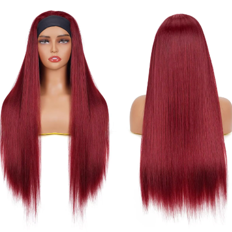 99j Burgundy Headband Wig Straight Human Hair Wigs Sterly Headband Wig With Scarf 250% density