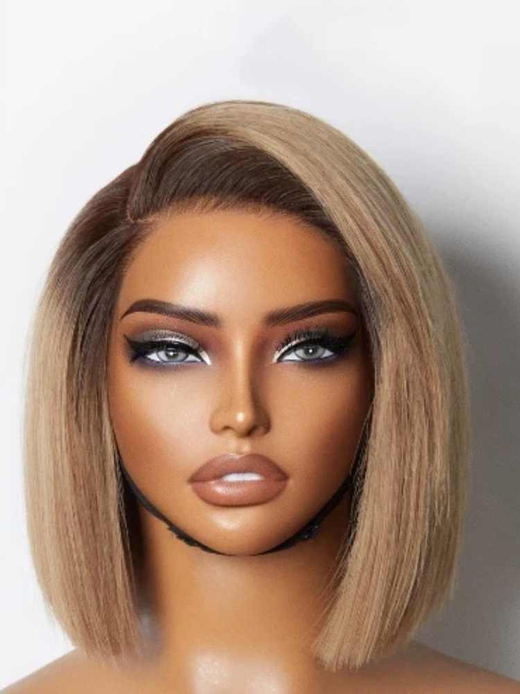 Ash Blonde Ombre Human Hair Wigs Layered Cut Glueless Minimalist Lace Short Wig - sterlyhair