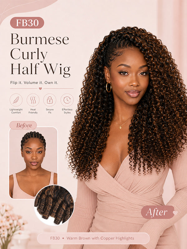 Burmese Curly 3-In-1 Half Wig Glueless Install with Drawstring Beginner Friendly