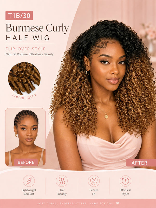 Burmese Curly 3-In-1 Half Wig Glueless Install with Drawstring Beginner Friendly