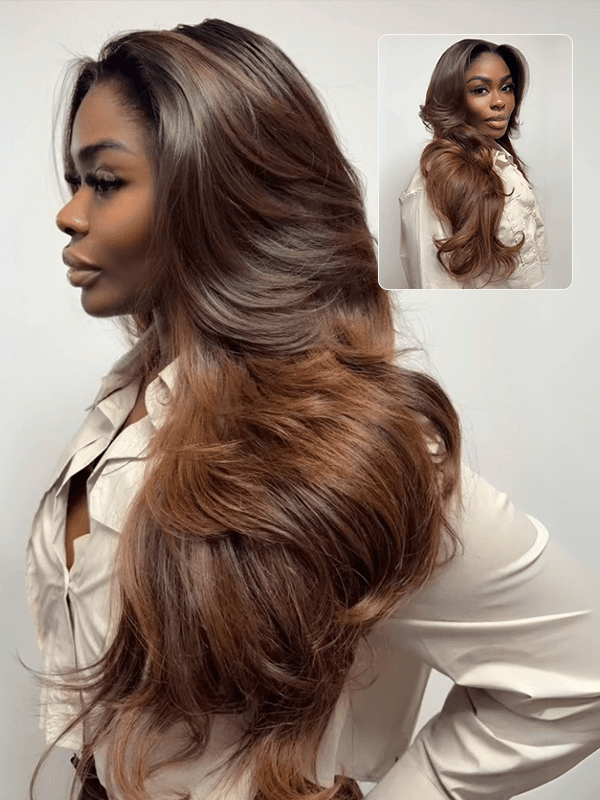 Layered Cut Ombre Brown Body Wave Short Bob Wig Human Hair Wigs 220% Density - sterlyhair