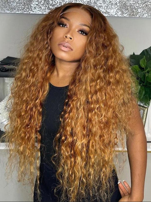 Deep Wave Ombre Honey Light Brown Wig With Chocolate Brown Dark Roots - sterlyhair
