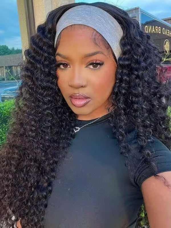 Headband Wig Deep Wave Human Hair Wigs Sterly Headband Wig With Scarf - sterlyhair