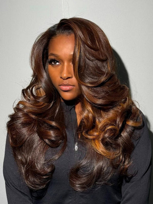 Highlight Brown 5×5 Lace Loose Body Wave Wigs with Curtain Bangs Human Hair Wigs - sterlyhair