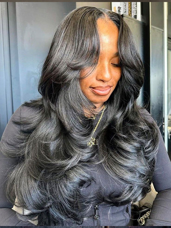 Layered Cut Trendy C Part Yaki Body Wave Short Wig Human Hair Bob Wigs Sterly Hair