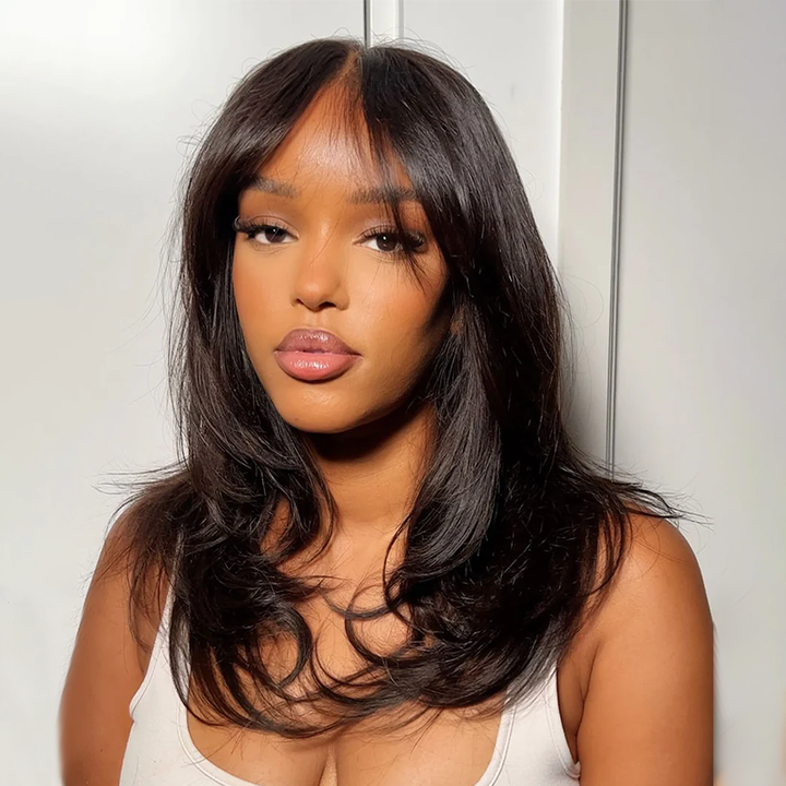 Layered Straight Hair Wig with Curtain Bang 13×6 Glueless Lace Wig Double Drawn Wig - sterlyhair