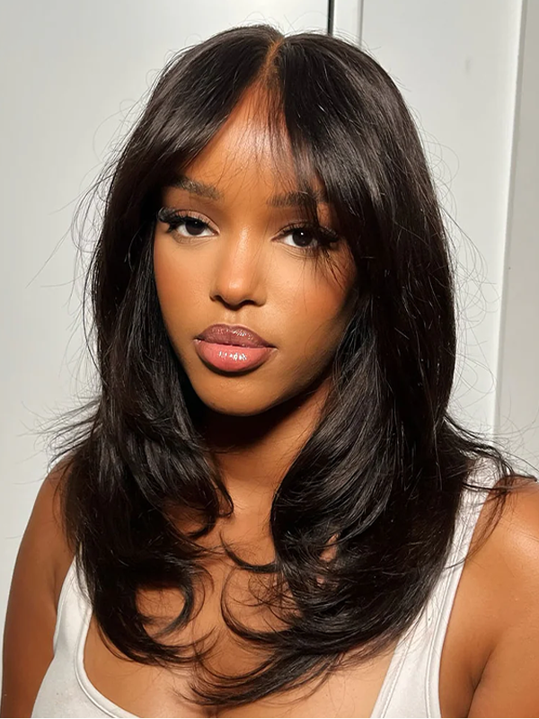 Layered Straight Hair Wig with Curtain Bang 13×6 Glueless Lace Wig Double Drawn Wig - sterlyhair