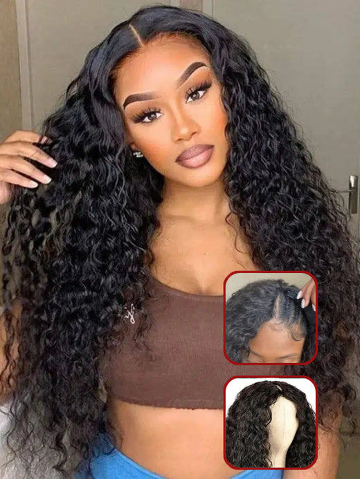Left Side / Right Side / Middle Part V Part Wig Water Wave Human Hair No Leave Out Upgrade Wigs - sterlyhair