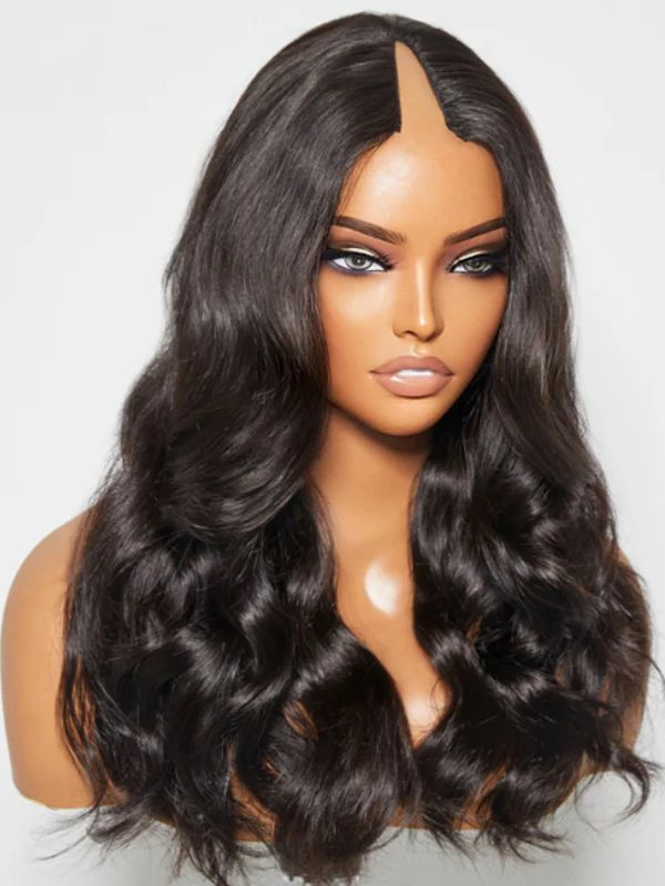 TikTok Hot | V Part Body Wave Wig Natural Scalp Curly 250% Density No Leave Out No Sew In Human Hair Wigs