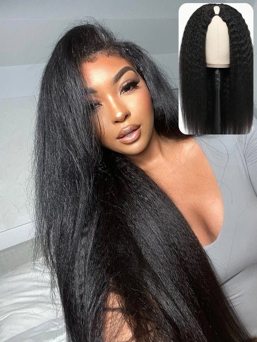 New Drawstring V Part Kinky Straight / Yaki Straight Wig No Leave Out And No Sew In Human Hair Wigs - sterlyhair