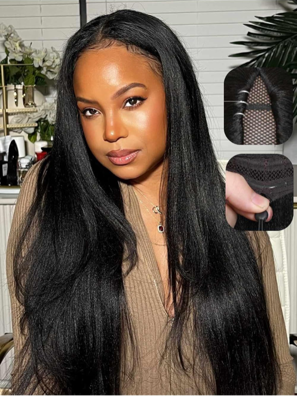 TikTok Hot | 250% Density V Part Yaki Straight Natural Black Wig With Invisi Drawstring 100% Human Hair - sterlyhair