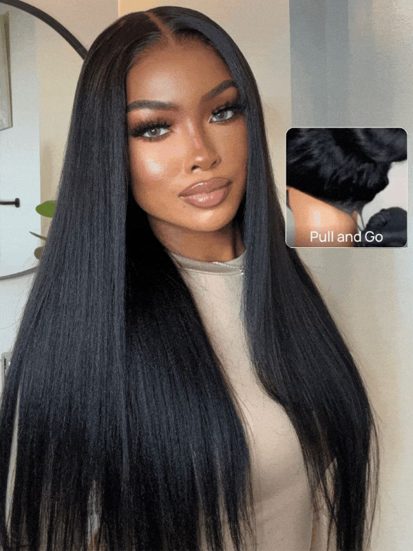 TikTok Hot | V Part Yaki Straight Natural Black Wig With Invisi Drawstring 100% Human Hair 250% Density
