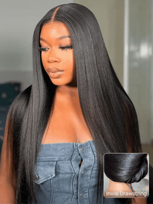 TikTok Hot | V Part Yaki Straight Natural Black Wig With Invisi Drawstring 100% Human Hair 250% Density