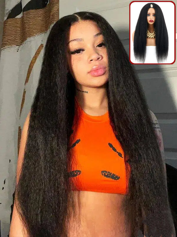 New Updated V Part Kinky Straight Human Hair Wigs Protective Style Wigs No Lace No Gel - sterlyhair
