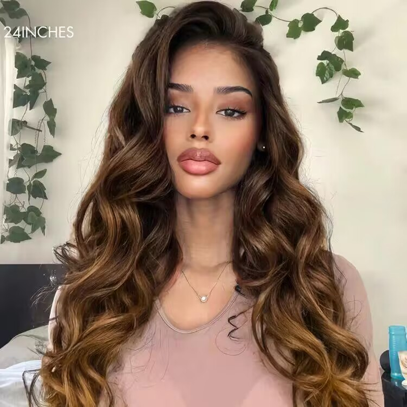 Parting Max 9x6 Glueless Wig Ombre Brown Loose Body Wave Wig Pre Plucked &amp; Bleached Ready to Go - sterlyhair