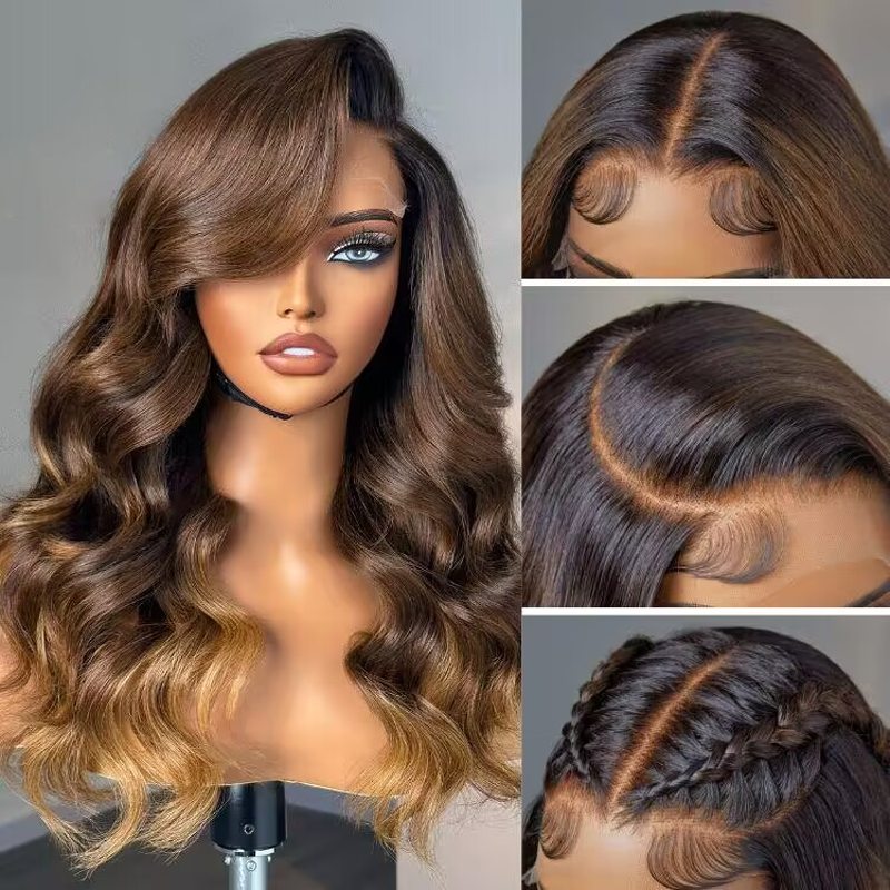 Parting Max 9x6 Glueless Wig Ombre Brown Loose Body Wave Wig Pre Plucked &amp; Bleached Ready to Go - sterlyhair