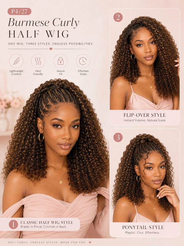 Ombre Colored Burmese Curly 3-In-1 Half Wig Glueless T1B/30 Install with Drawstring Beginner Friendly