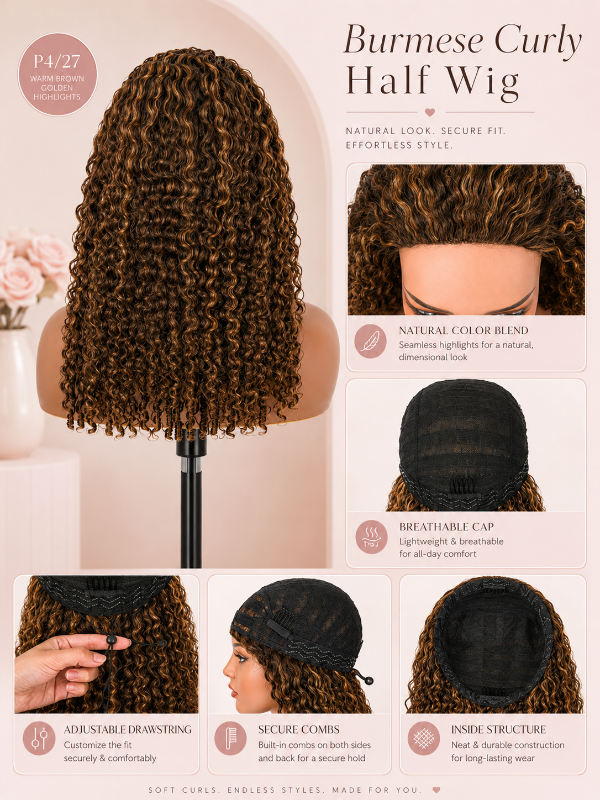 Ombre Colored Burmese Curly 3-In-1 Half Wig Glueless T1B/30 Install with Drawstring Beginner Friendly