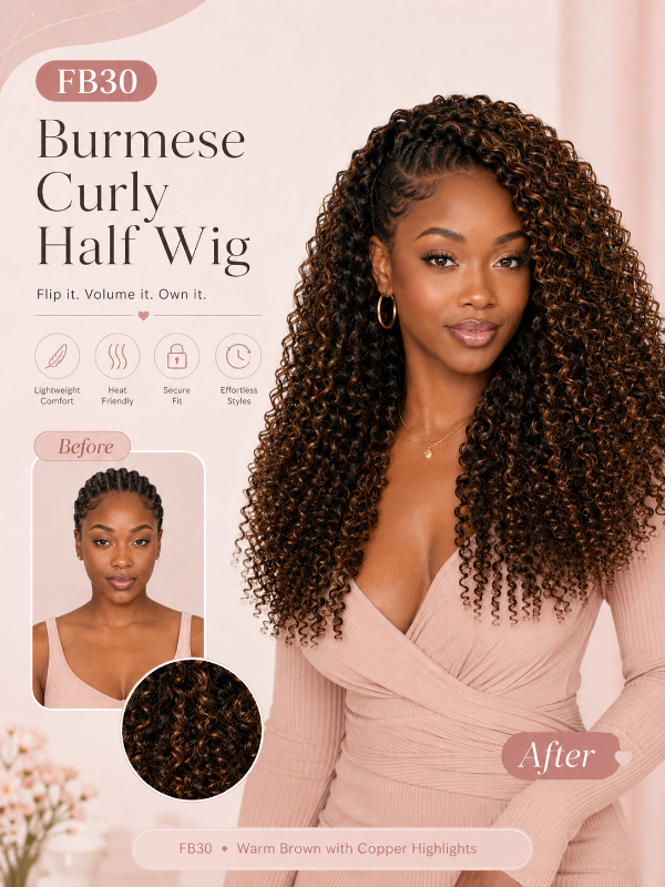 Ombre Colored Burmese Curly 3-In-1 Half Wig Glueless T1B/30 Install with Drawstring Beginner Friendly