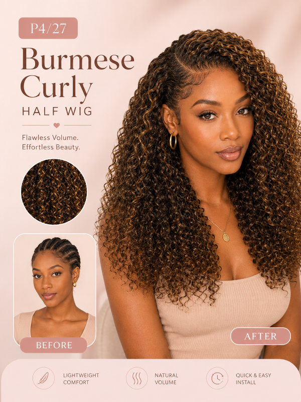 Ombre Colored Burmese Curly 3-In-1 Half Wig Glueless T1B/30 Install with Drawstring Beginner Friendly