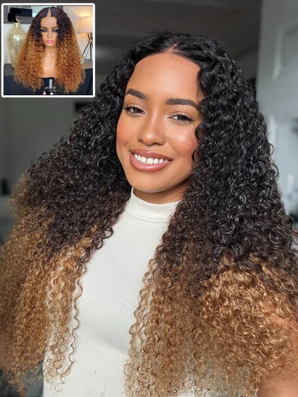 Ombre Colored V/U Part Wig Human Hair Glueless Curly Full Machine Wigs For Black Women - sterlyhair