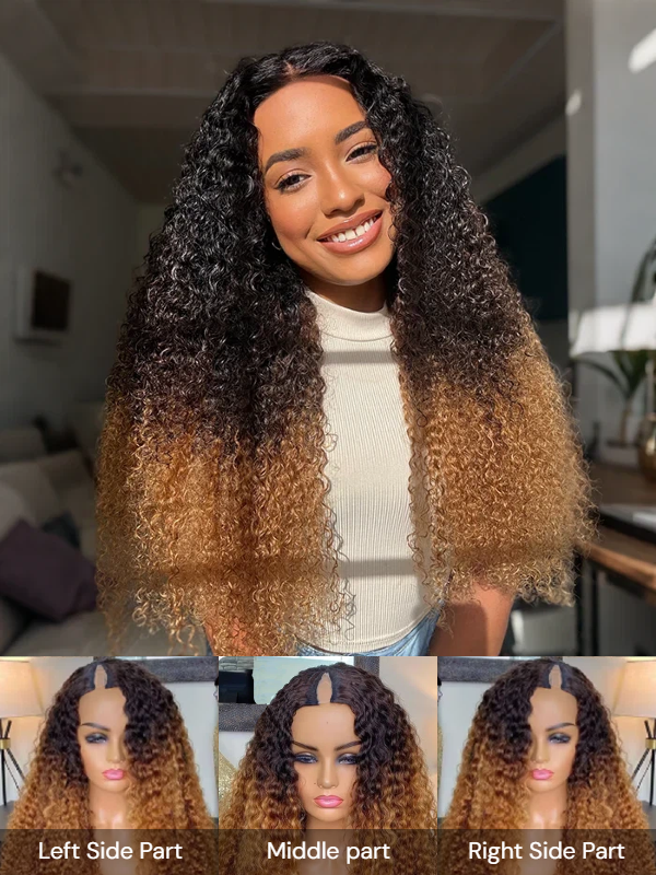 Ombre Colored V/U Part Wig Human Hair Glueless Curly Full Machine Wigs For Black Women - sterlyhair