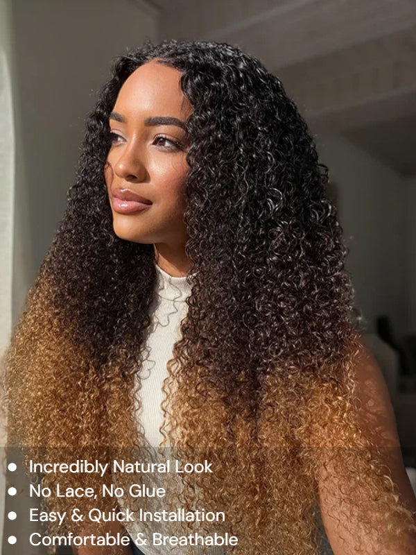 Ombre Colored V/U Part Wig Human Hair Glueless Curly Full Machine Wigs For Black Women - sterlyhair