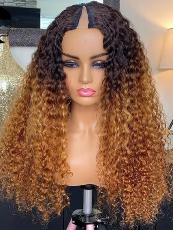 Ombre Colored V/U Part Wig Human Hair Glueless Curly Full Machine Wigs For Black Women - sterlyhair