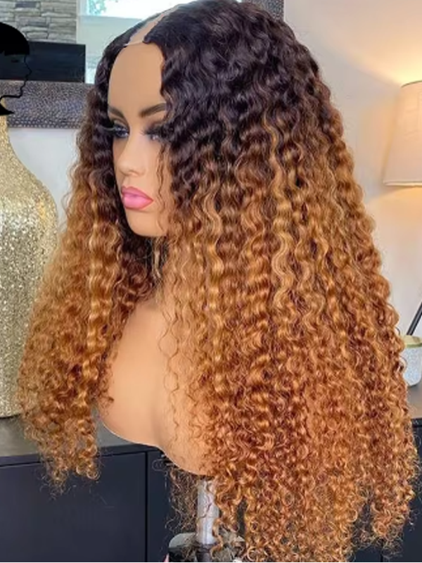 Ombre Colored V/U Part Wig Human Hair Glueless Curly Full Machine Wigs For Black Women - sterlyhair