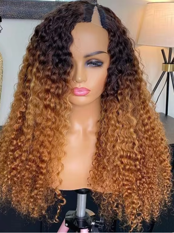 Ombre Colored V/U Part Wig Human Hair Glueless Curly Full Machine Wigs For Black Women - sterlyhair