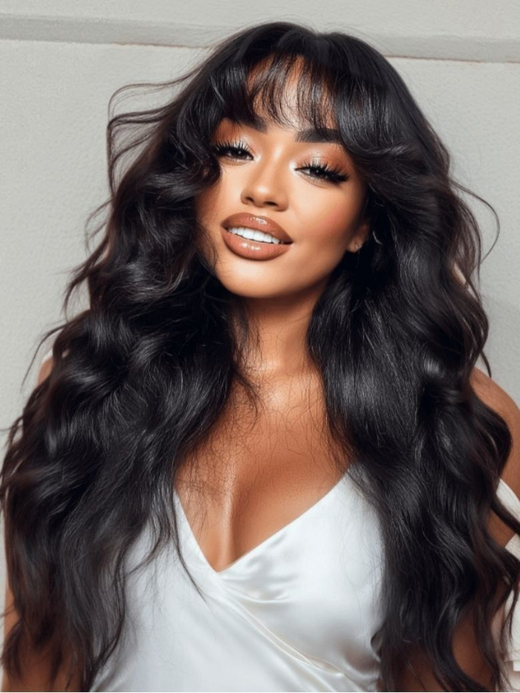 Parting Max 9x6 Glueless Wig #1 Jet Black Body Wave Wig with Bangs Ready to Go - sterlyhair